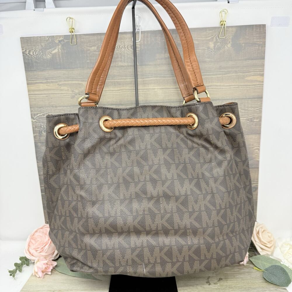 Michael Kors Brown Jet Set Marina Large Gathered Logo Tote Purse Shoulder Bag - Picture 2 of 13